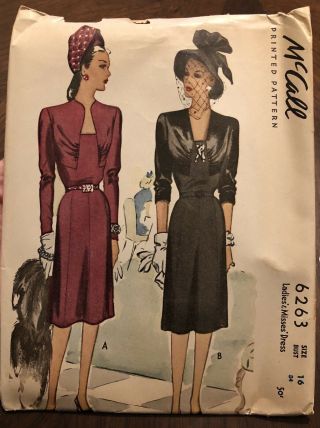 Mccall Printed Pattern 6263 1945 1940s Dress Vintage Sewing Size 16 40s Fashion