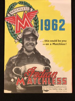 Vtg 1962 Indian Matchless Motorcycle Sales Brochure Fold Out Poster