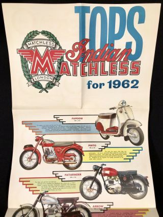 Vtg 1962 Indian Matchless Motorcycle Sales Brochure Fold Out Poster 4