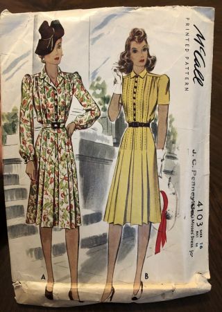 Mccall Printed Pattern 4103 1941 1940s Dress Vintage Sewing Size 16 30s 40s