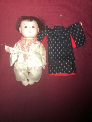 Antique Chinese Composition Doll In Embroidered Silk Clothing