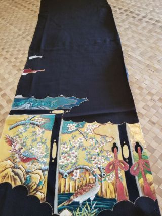 Vintage Japanese silk kimono fabric panel exquisite art birds 2
