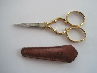 Ginger Gold Tone Germany Scissors Small Needle Approximate W/ Case 3 3/4 "