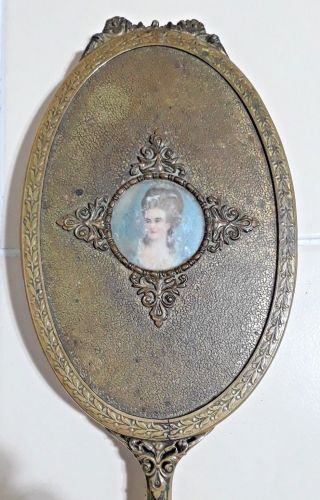 Antique 19th Century Bronze/brass Hand Mirror Marie Antoinette Portrait 14.  5 "
