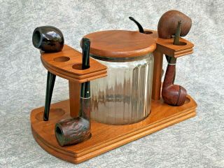 Vintage Walnut Wood 6 Smoking Pipe Rack Stand W/glass Tobacco Humidor Aztec Jar