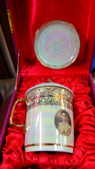 Thai Benjarong Cup Coaster Set & Lid For The Memorial Of King Rama 9 Of Thailand