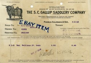 1912 Billhead S.  C.  Gallup Saddlery Pueblo Colorado Manufacturer Saddle J.  Wimmer