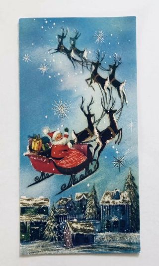 Vintage Christmas Card Santa Reindeer Snowflake Town House City Gold Sky Sleigh