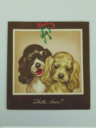 Vintage Christmas Card Cocker Spaniels Dogs Puppies Mistletoe
