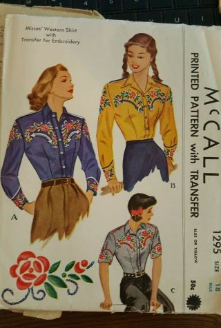 Vintage 1946 Mccall 1295 Sewing Pattern Ladies Western Shirt W/tranfer L - 17