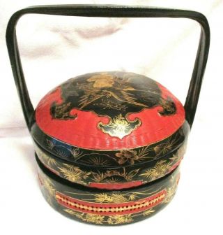 Large Chinese Vintage Black Lacquer And Gold Gilt 3 Part Wedding Basket