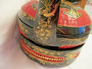 LARGE Chinese Vintage Black Lacquer and Gold Gilt 3 Part Wedding Basket 3