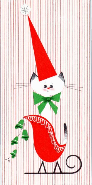 Kitty Cat Kitten Hallmark Slim Jim Sleigh Mcm Bells Vtg Christmas Greeting Card