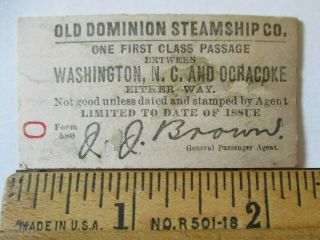 1890s Old Dominion Steamship Washington Nc Ocracoke Island North Carolina Ticket