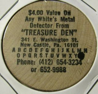 Vintage Treasure Den White Metal Detectors Castle,  Pa Wooden Nickel - Token