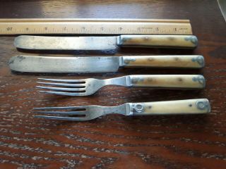 Antique Civil War Era Cutlery 2 Knifes 2 Forks Utensils Flatware Horn Handle