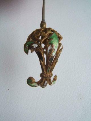Antique Brass Hat Pin W/ Fleur De Lis Enameled W/ Wear 8 " Long