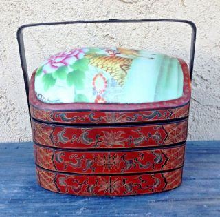 Vintage Chinese Large 3 - Tier Nesting Shard Box Basket,  Antique Porcelain Insert