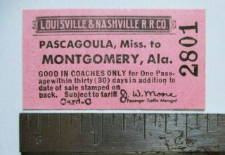 Vintage Louisville Nashville Railroad Pascagoula Ms Montgomery Alabama Rr Ticket
