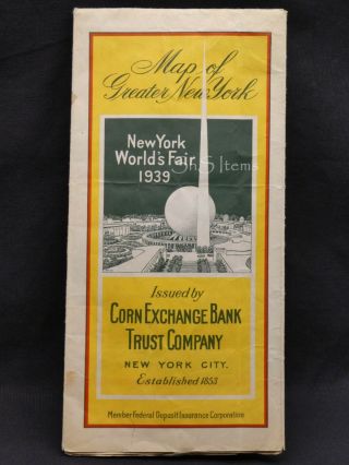 RARE Vintage York World ' s Fair 1939 City & Transit Map Corn Exchange Bank 2