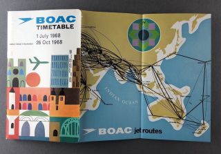 Boac Airline Timetable Summer 1968 Route Map Vickers Vc10 Boeing 707 B.  O.  A.  C.