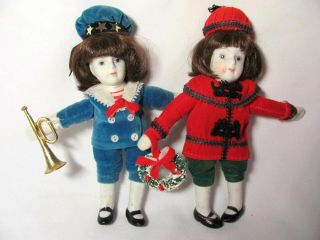 2 Vintage Kurt Adler Christmas Dolls Porcelain Wreath Trumpet Victorian 1982