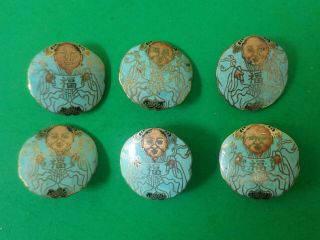 Set Of 6 Chinese China Man Blue Enamel Buttons 13/16 "