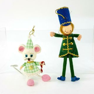 Vintage Christmas Ornament Set 5 " Flocked Girl Mouse & 6.  5 " Felt Soldier