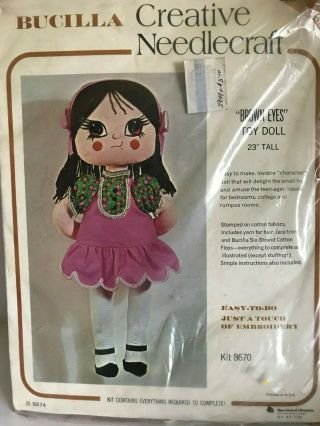 Vintage Bucilla Creative Needlecraft “brown Eyes” 23 " Toy Doll Cloth Doll Kit