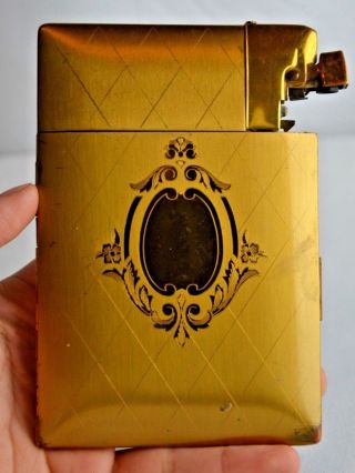Vintage Elgin Gold Tone Cigarette Case & Lighter,  Gold Etched Print
