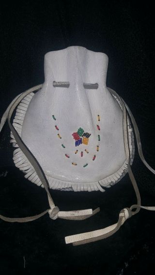 Leather Native American Indian Pouch Purse W/ Hand Bead Work Medicine Bag