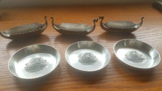 Vintage 6 Pc Set Norge Handstopt Pewter Tinn Viking Ship Salt Cellars & Dishes