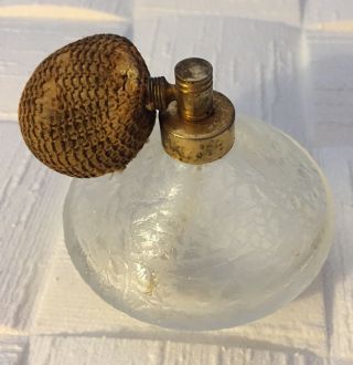 Antique Art Deco Etched Glass Perfume Bottle W/ Pump Atomizer