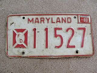 1970s 1980s Maryland Fire Department Fd License Plate Red Lettering