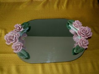 Vanity Mirror Tray Oval Shaped With Raised Porcelain Roses Vintage