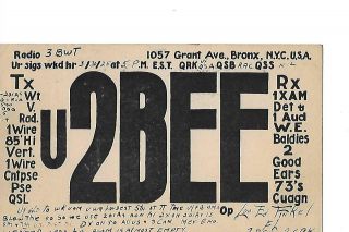 1925 U2bee Bronx N.  Y.  C Qsl Radio Card.