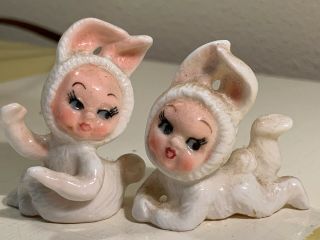 Set Of Two Easter Vintage Snow Bunny Pixie Figurines Lefton? Japan Tiny