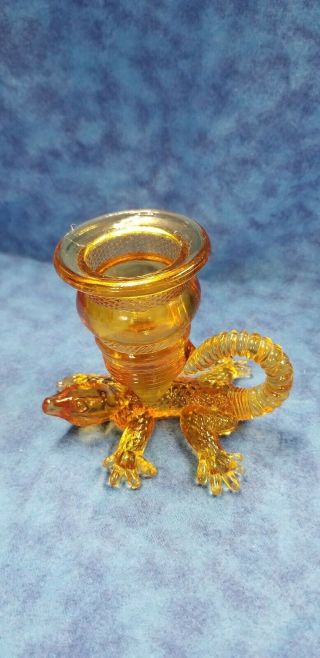 Vintage Amber Pressed Glass Lizard Gecko Animal Figural Shaped Toothpick Holder