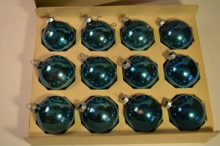 1 Box Of 12 Vintage Shiny Brite Wonderful Blue Glass Christmas Ornaments Iob