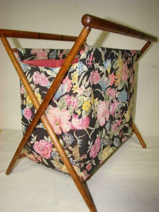 Vintage Folding Sewing Knitting Crochet Yarn Fabric Bag Wood Frame Stand