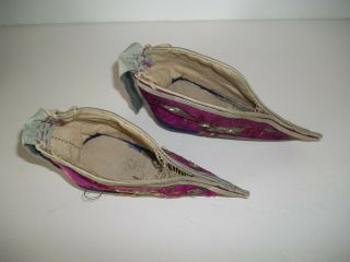 Vintage Chinese embroidered silk bound feet shoes foot binding coin back flap 6