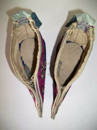 Vintage Chinese embroidered silk bound feet shoes foot binding coin back flap 7
