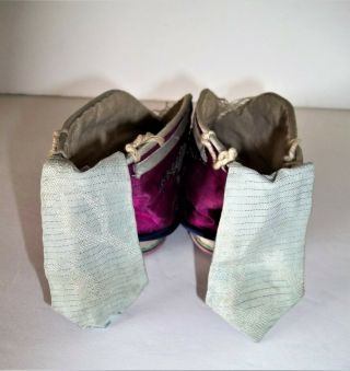 Vintage Chinese embroidered silk bound feet shoes foot binding coin back flap 8