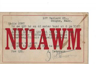 1927 Nu1awm Saugas Mass.  Qsl Radio Card.
