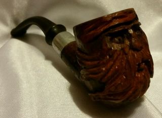 Vintage Imported Briar Wood Hand Carved Bearded Old Man Smoking Pipe Signed Kc