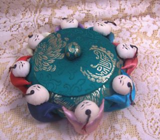 Vintage Oriental Silk Brocade Trinket Box With 8 Dolls Holding Hands Hong Kong