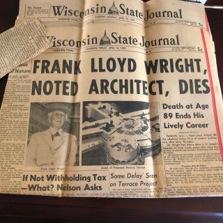 Antique Newspapers Frank Lloyd Wright Dies 1959
