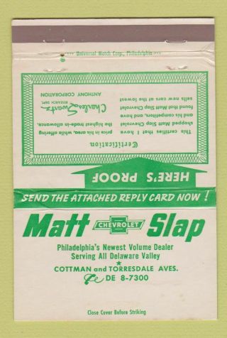 Matchbook Cover - Matt Slap Chevrolet Philadelphia Pa Wear 40 Strike