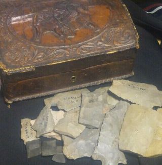 Old Box Full Of Rare Broken Arrowheads Indian Artifacts Mostly Spear Head Flint