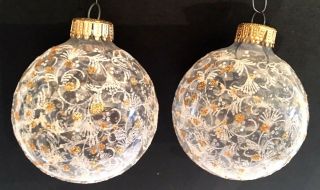 2 Vintage Hand Painted Hand Blown Clear Glass Christmas Ornaments Gold White